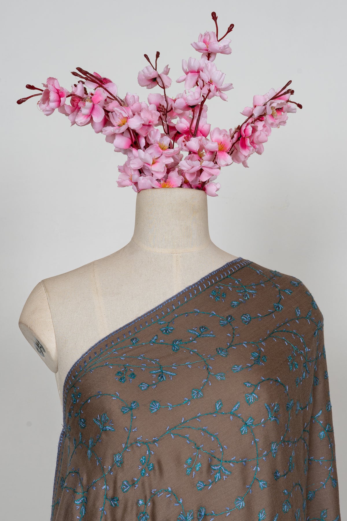 Mocha Teal Floral Symphony: Merino Wool Hand Embroidered 2.5 Yards Shawl