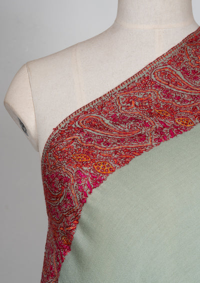 2.5 Yards Sozni Hand Embroidered Shawl in Sage Green with Maroon Paisley Border