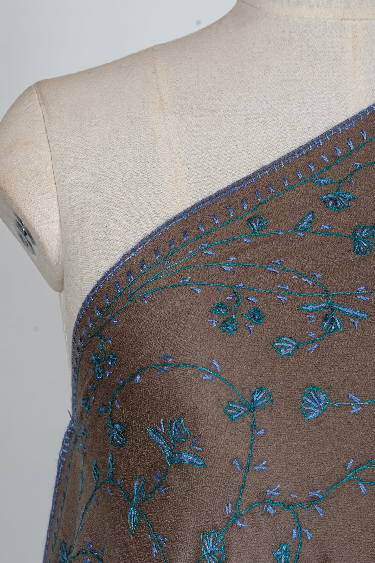 Mocha Teal Floral Symphony: Merino Wool Hand Embroidered 2.5 Yards Shawl