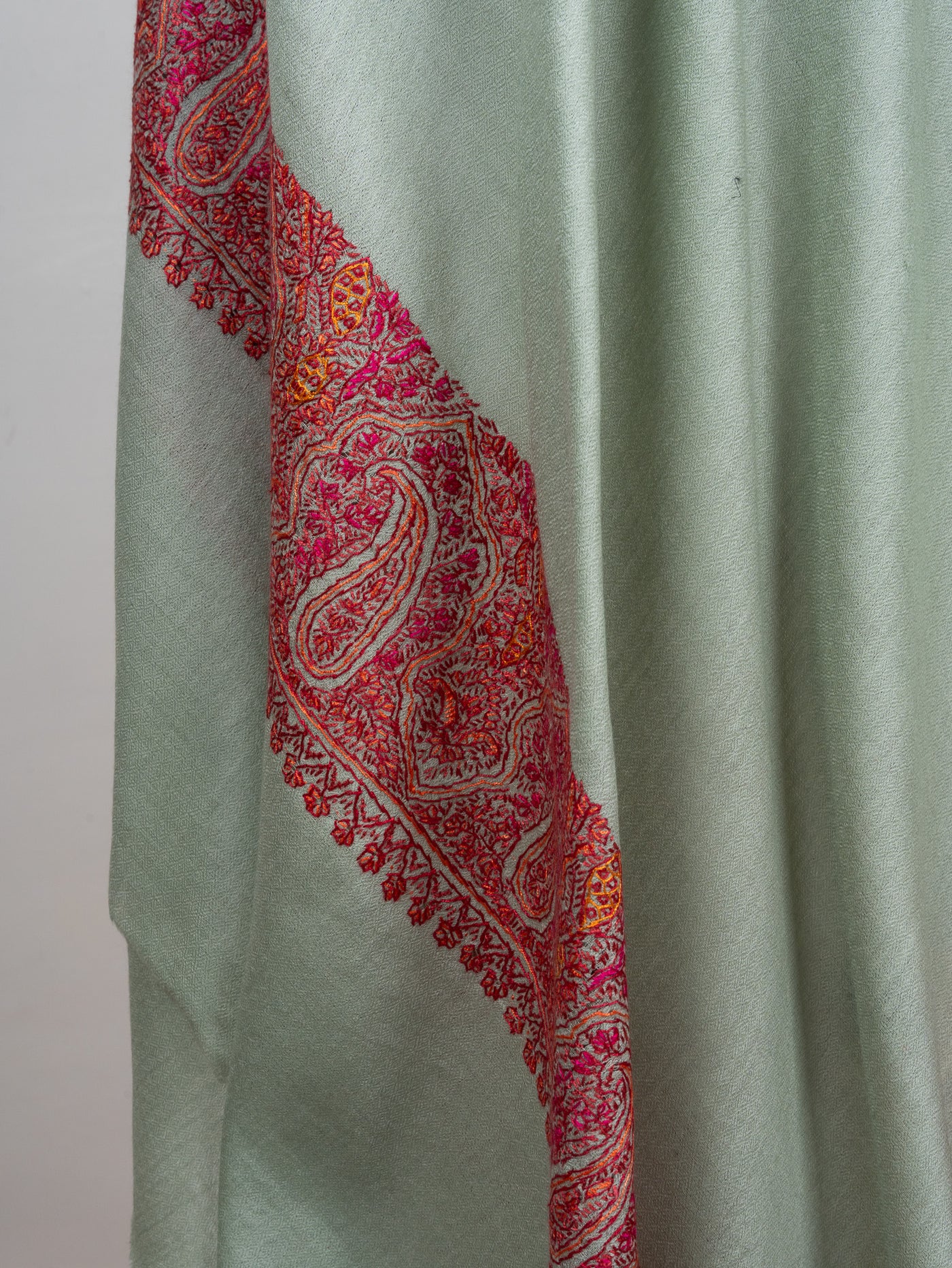 2.5 Yards Sozni Hand Embroidered Shawl in Sage Green with Maroon Paisley Border