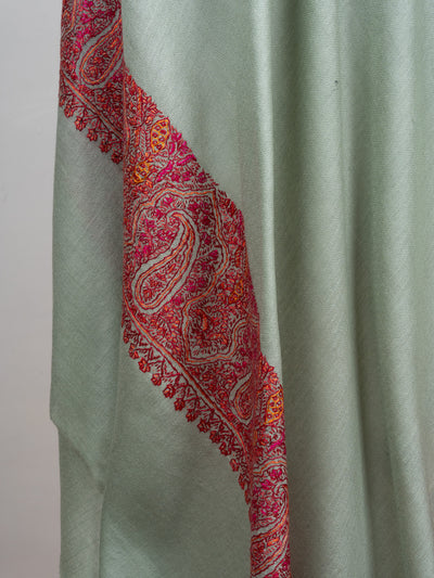 2.5 Yards Sozni Hand Embroidered Shawl in Sage Green with Maroon Paisley Border