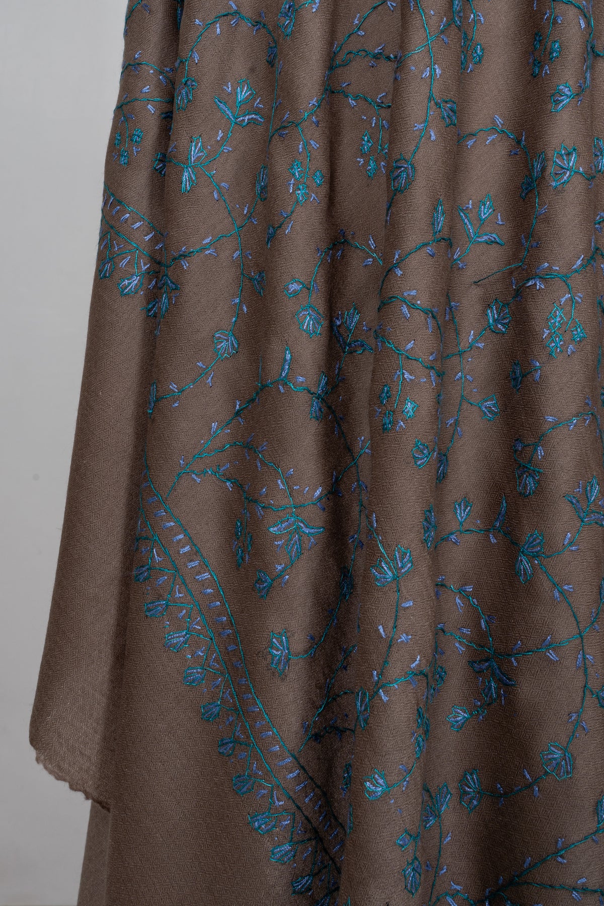 Mocha Teal Floral Symphony: Merino Wool Hand Embroidered 2.5 Yards Shawl