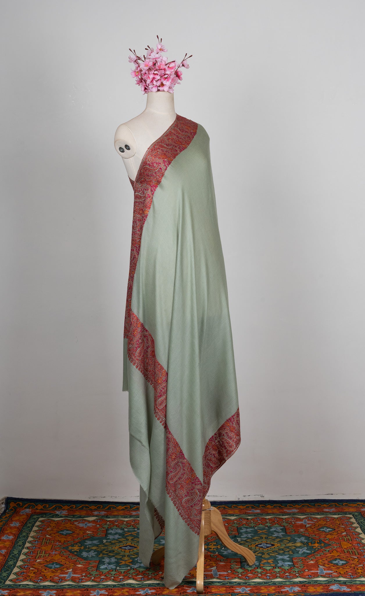2.5 Yards Sozni Hand Embroidered Shawl in Sage Green with Maroon Paisley Border