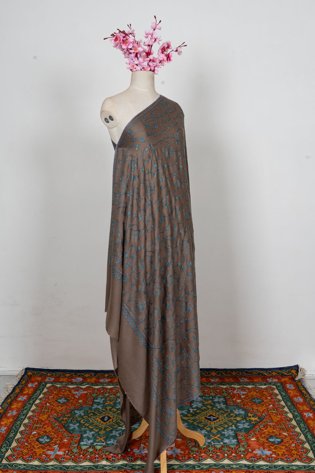 Mocha Teal Floral Symphony: Merino Wool Hand Embroidered 2.5 Yards Shawl