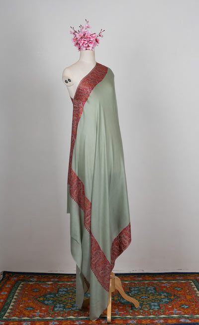 2.5 Yards Sozni Hand Embroidered Shawl in Sage Green with Maroon Paisley Border