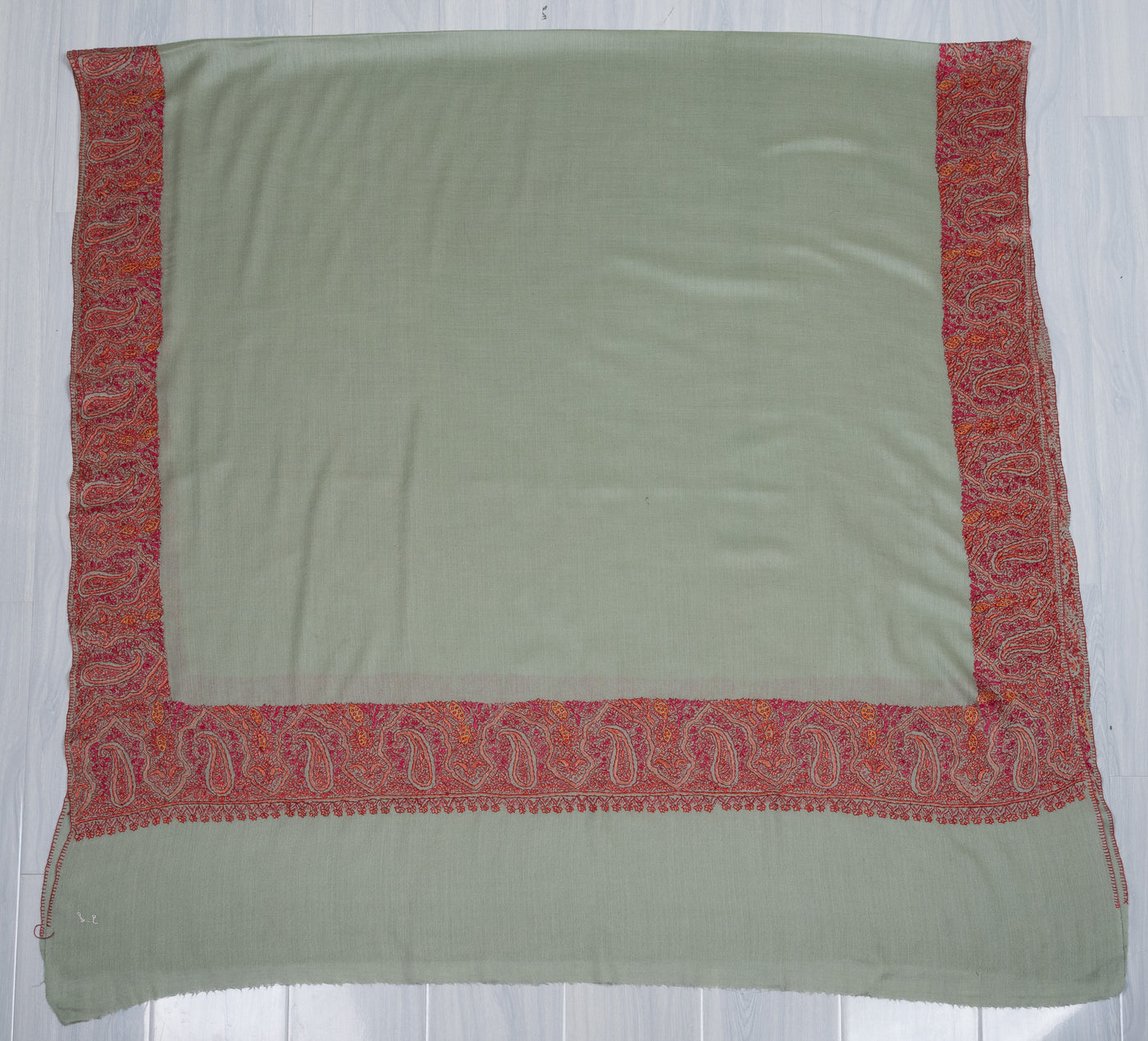 2.5 Yards Sozni Hand Embroidered Shawl in Sage Green with Maroon Paisley Border