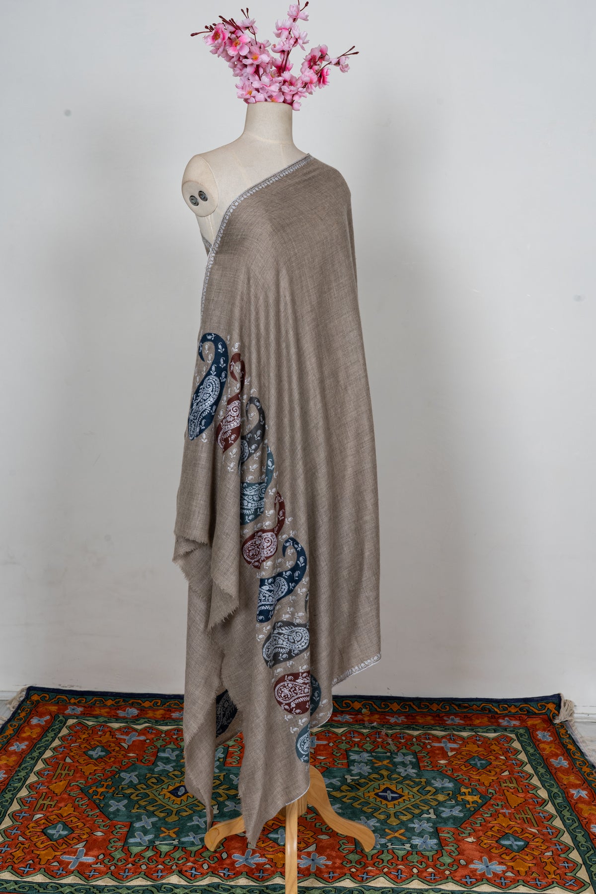 Taupe Paisley Cascade: Pure Pashmina Hand Embroidered Shawl
