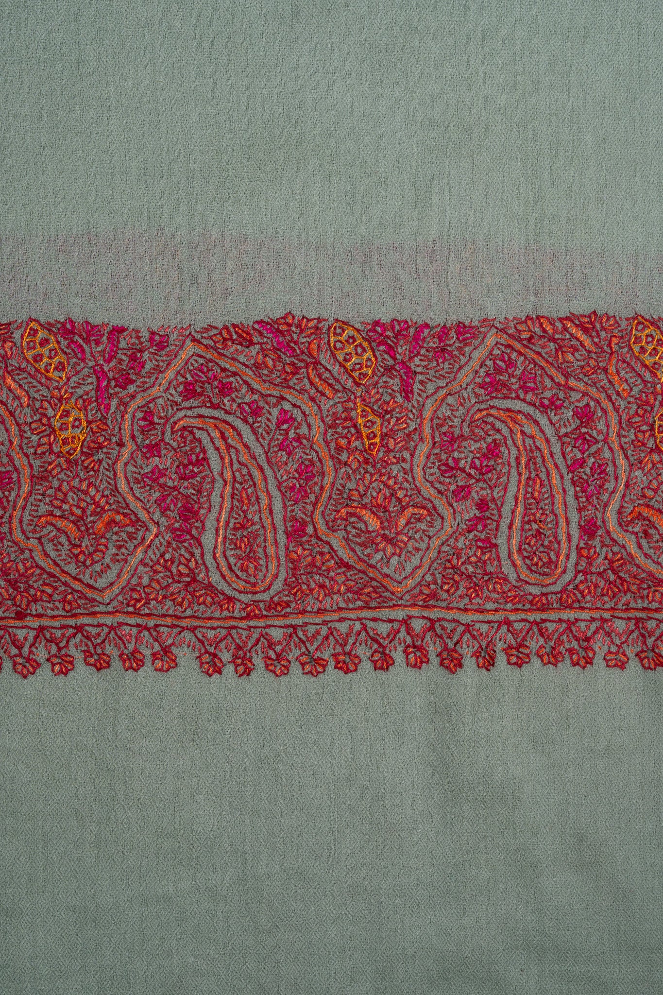 2.5 Yards Sozni Hand Embroidered Shawl in Sage Green with Maroon Paisley Border