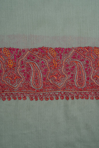 2.5 Yards Sozni Hand Embroidered Shawl in Sage Green with Maroon Paisley Border