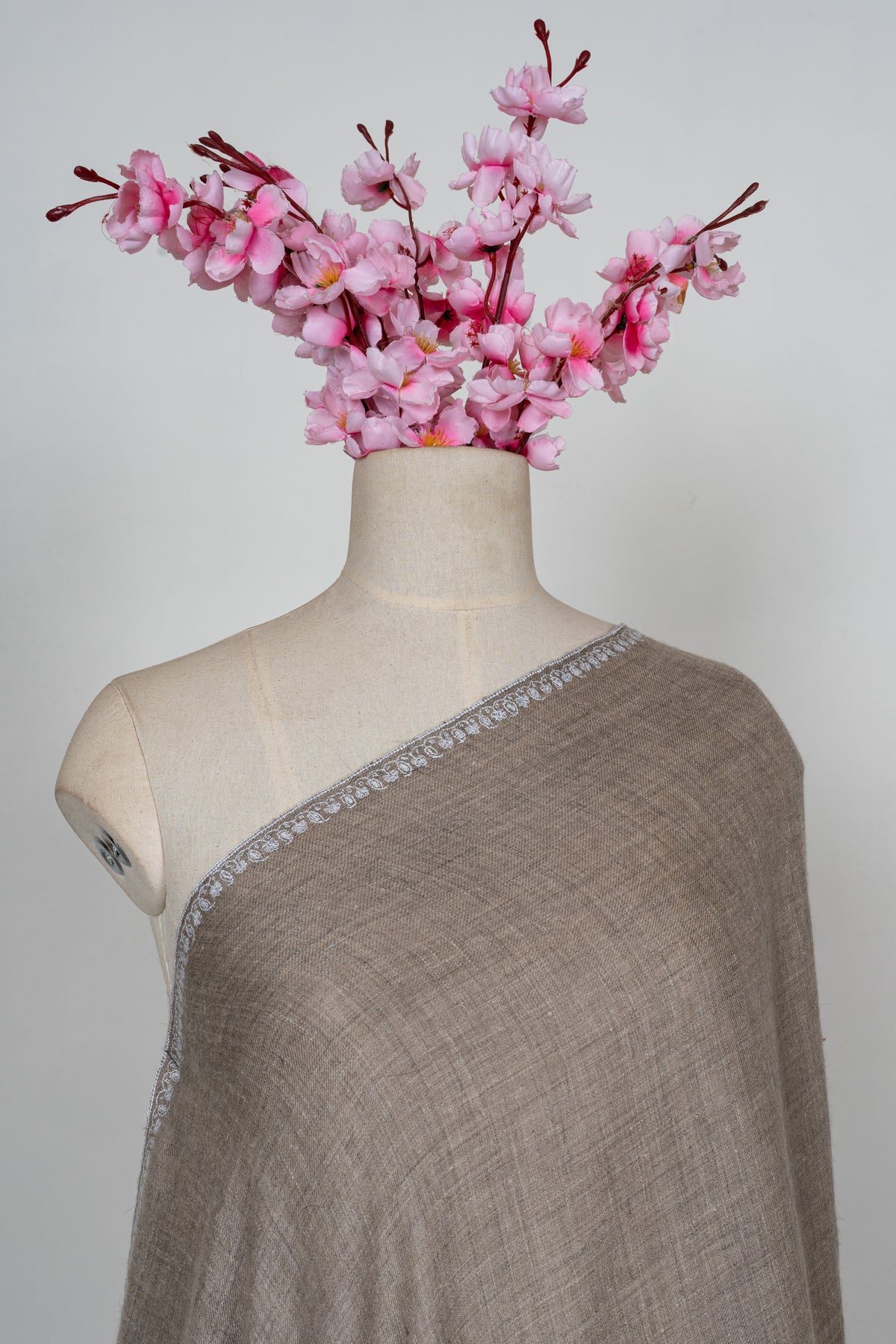 Taupe Paisley Cascade: Pure Pashmina Hand Embroidered Shawl