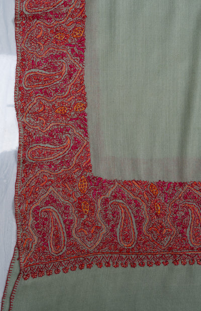 2.5 Yards Sozni Hand Embroidered Shawl in Sage Green with Maroon Paisley Border