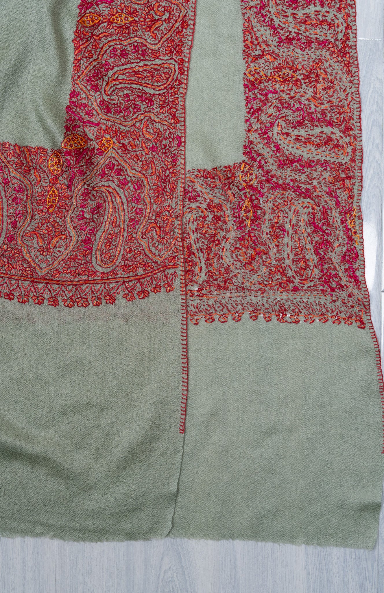 2.5 Yards Sozni Hand Embroidered Shawl in Sage Green with Maroon Paisley Border