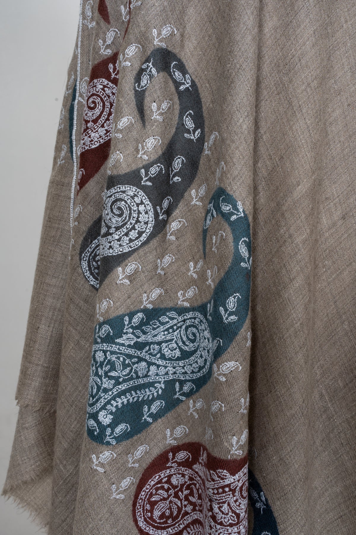 Taupe Paisley Cascade: Pure Pashmina Hand Embroidered Shawl