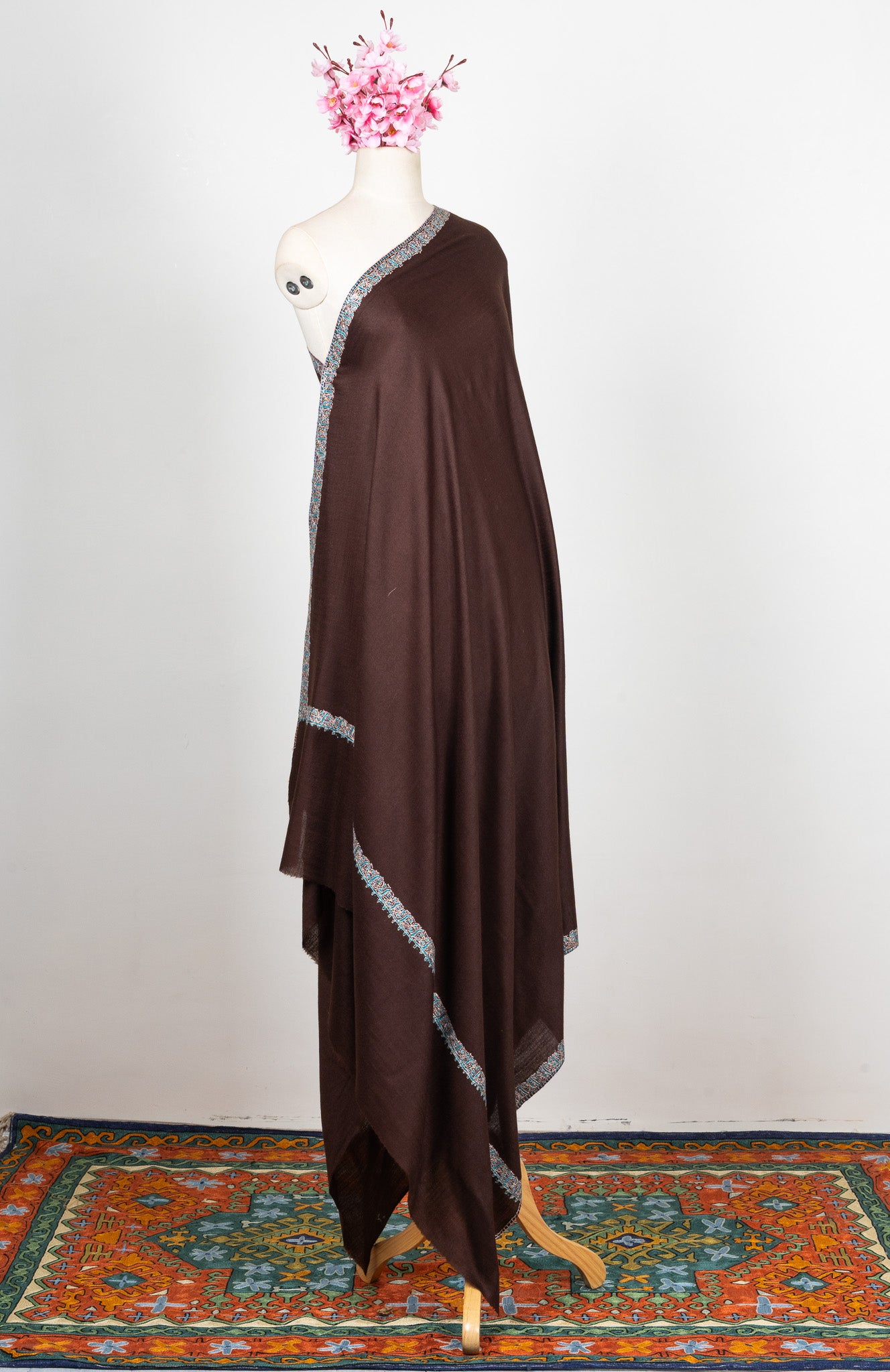 2.5 Yards Sozni Hand Embroidered Shawl in Cocoa Brown Minimal Edge