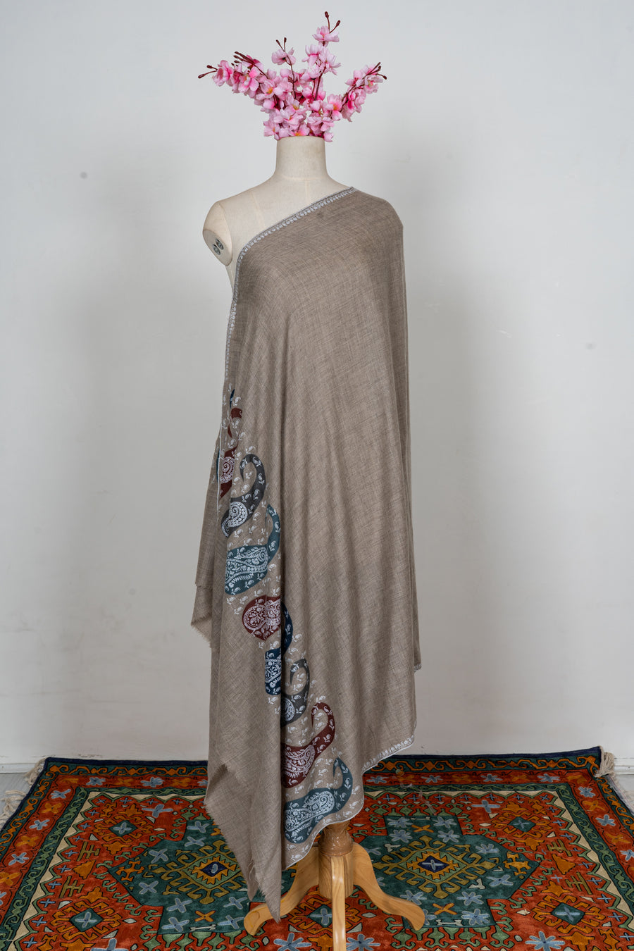 Taupe Paisley Cascade: Pure Pashmina Hand Embroidered Shawl