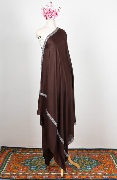 2.5 Yards Sozni Hand Embroidered Shawl in Cocoa Brown Minimal Edge