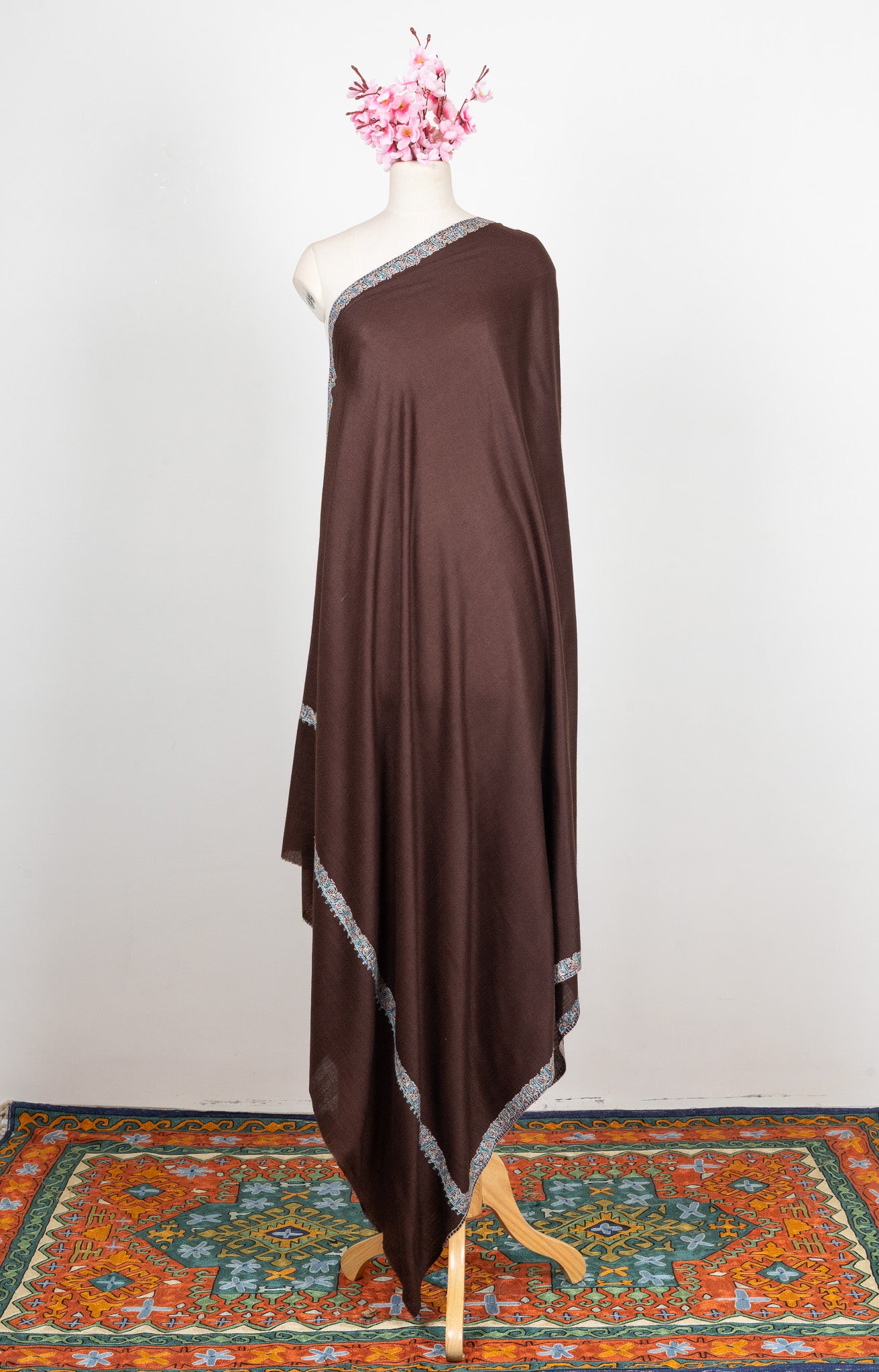 2.5 Yards Sozni Hand Embroidered Shawl in Cocoa Brown Minimal Edge