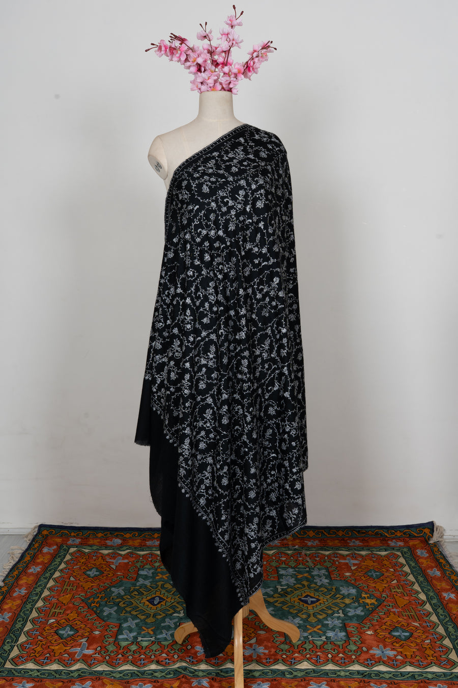 Noir Ivory Floral Weave: Merino Wool Hand Embroidered 2.5 Yards Shawl