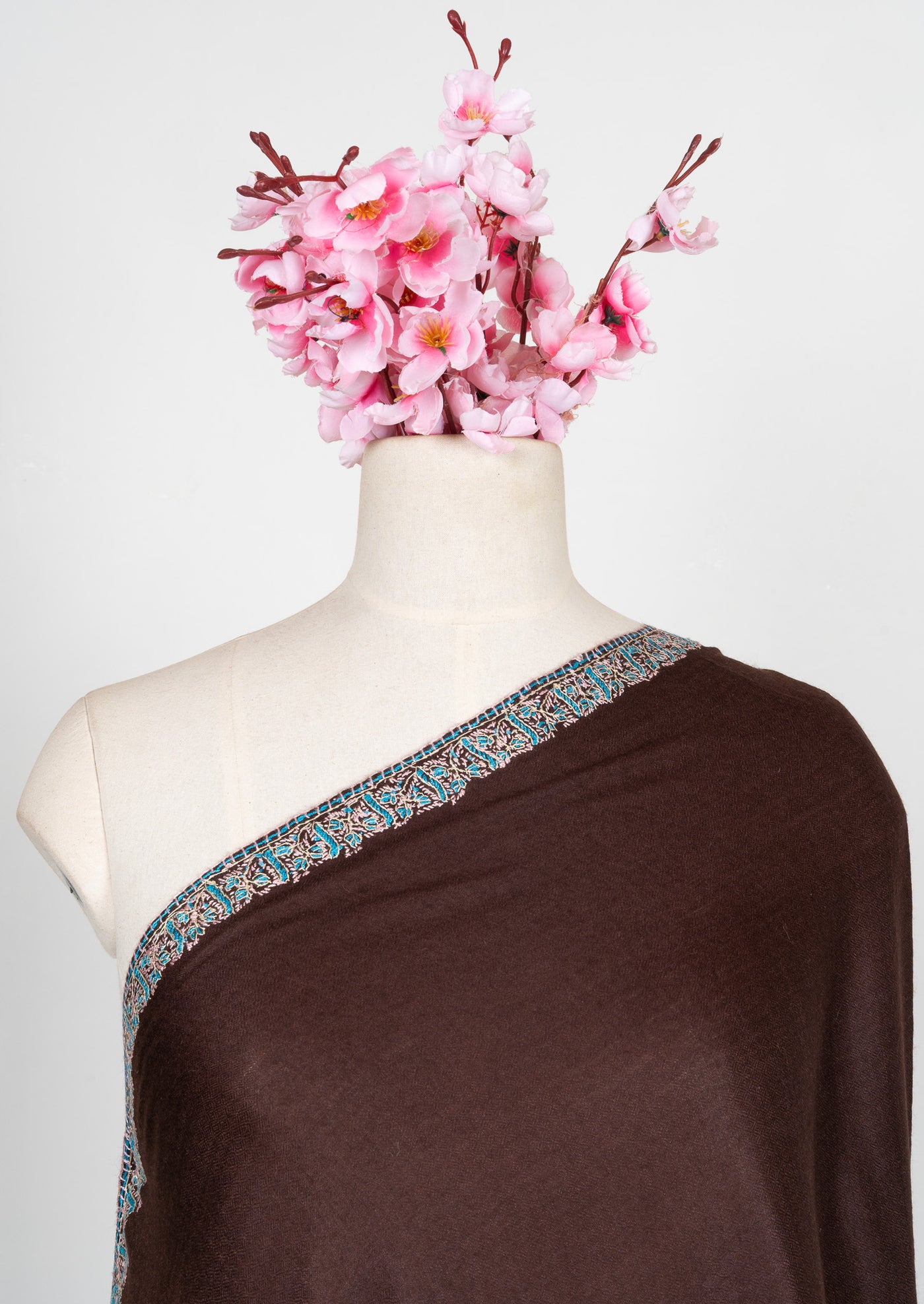2.5 Yards Sozni Hand Embroidered Shawl in Cocoa Brown Minimal Edge