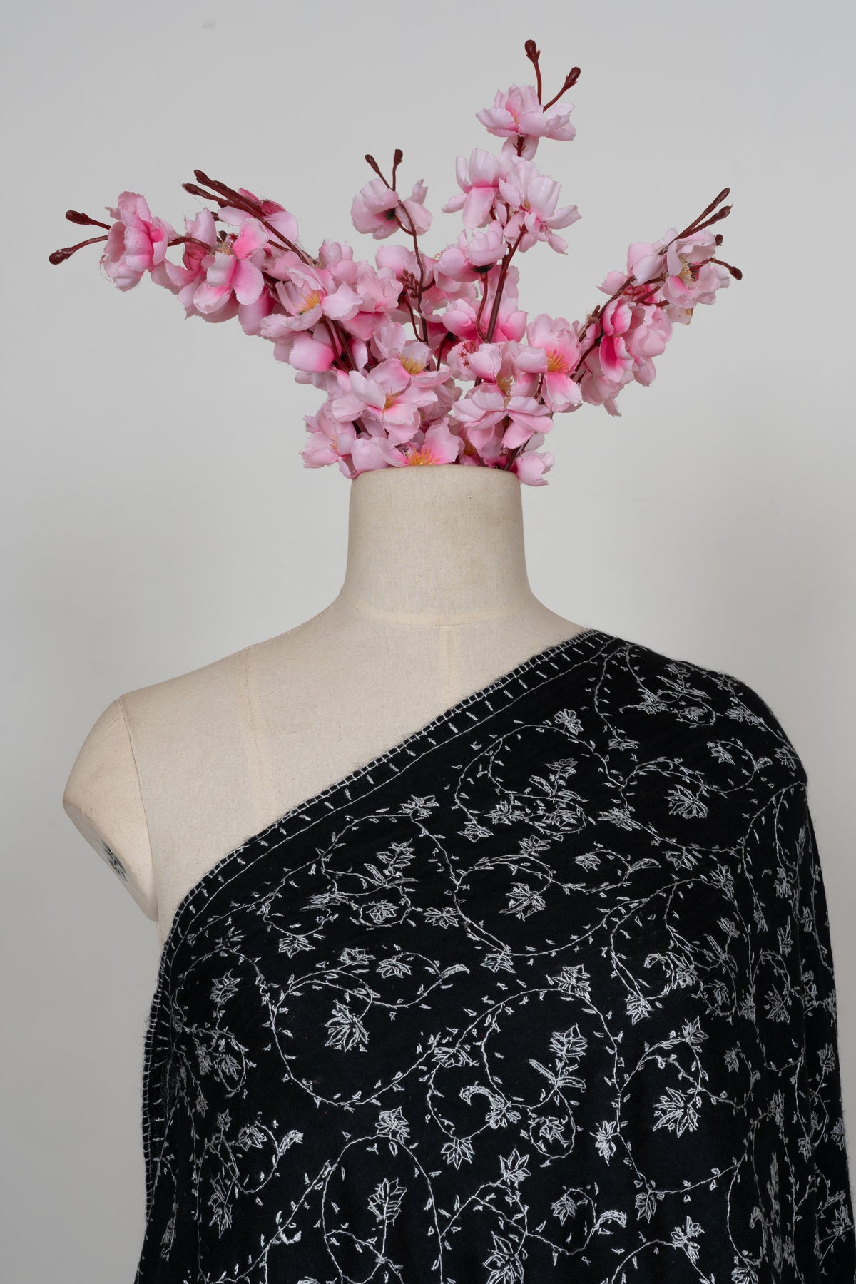 Noir Ivory Floral Weave: Merino Wool Hand Embroidered 2.5 Yards Shawl