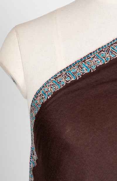 2.5 Yards Sozni Hand Embroidered Shawl in Cocoa Brown Minimal Edge
