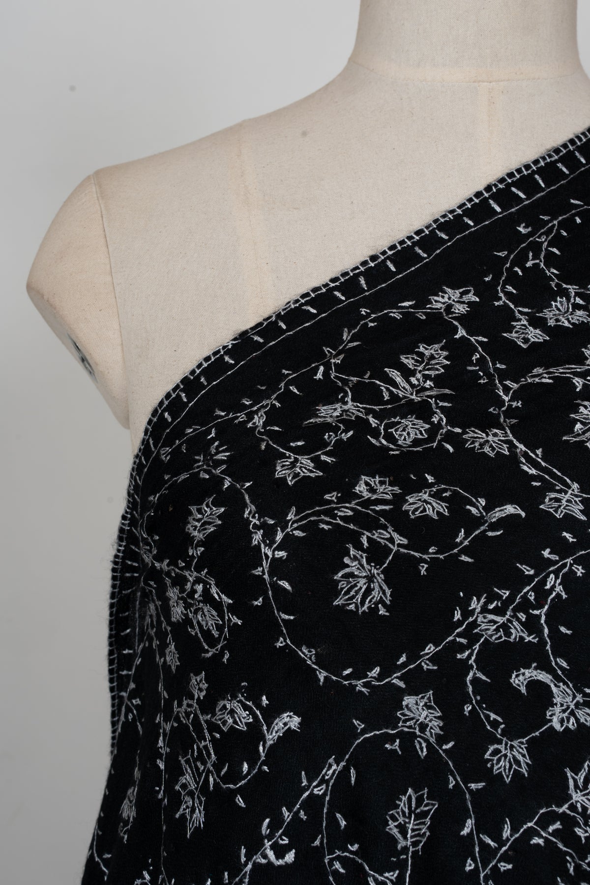 Noir Ivory Floral Weave: Merino Wool Hand Embroidered 2.5 Yards Shawl