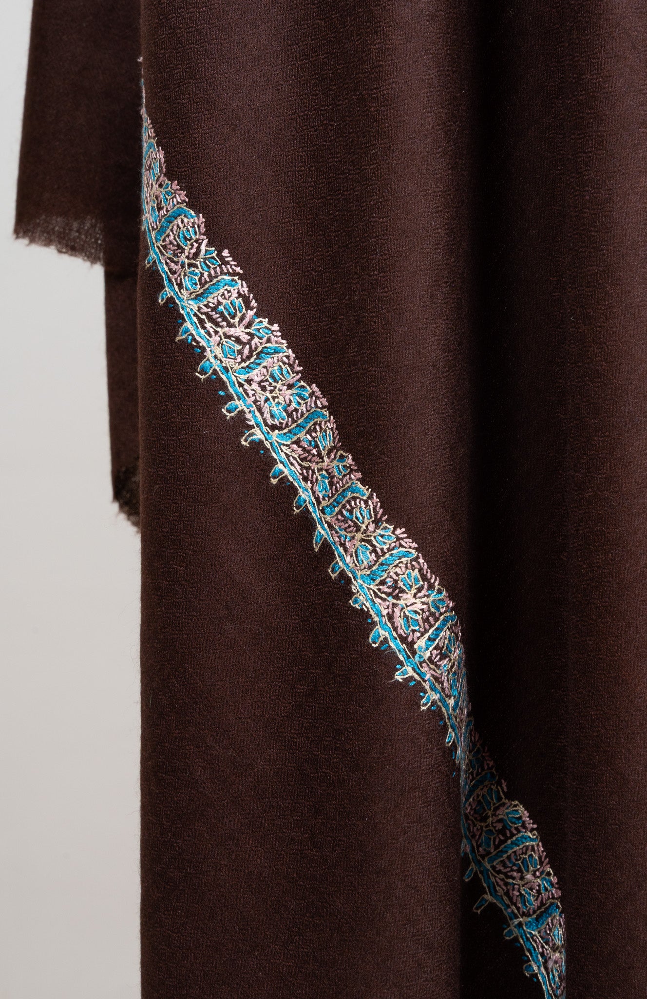 2.5 Yards Sozni Hand Embroidered Shawl in Cocoa Brown Minimal Edge
