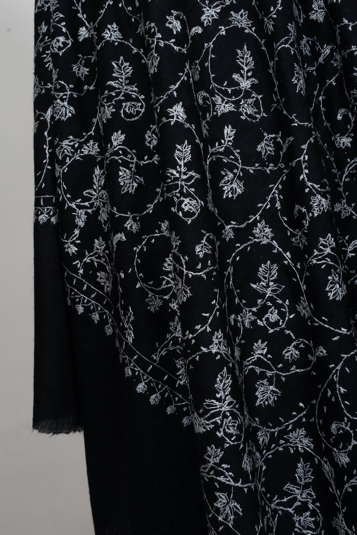 Noir Ivory Floral Weave: Merino Wool Hand Embroidered 2.5 Yards Shawl
