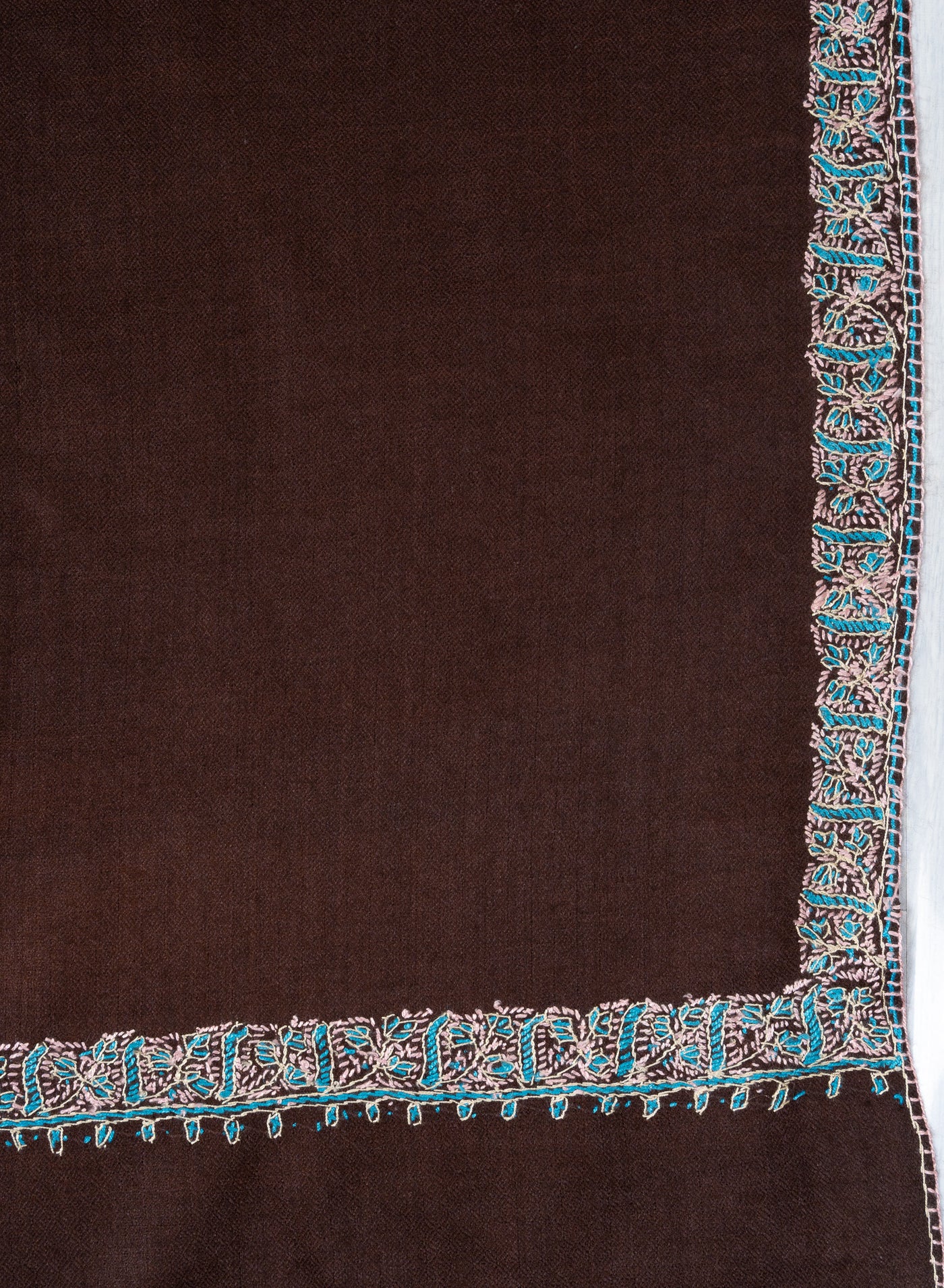 2.5 Yards Sozni Hand Embroidered Shawl in Cocoa Brown Minimal Edge