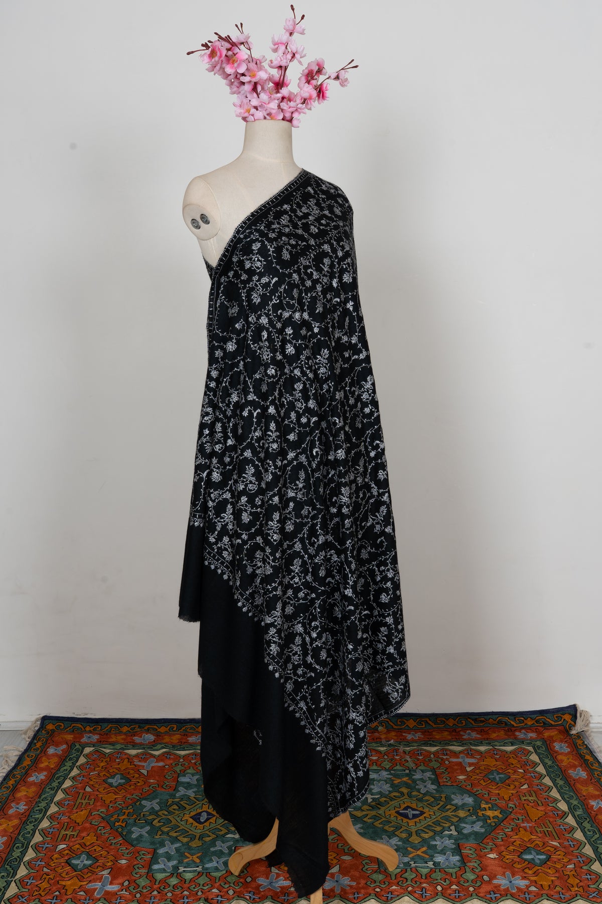 Noir Ivory Floral Weave: Merino Wool Hand Embroidered 2.5 Yards Shawl
