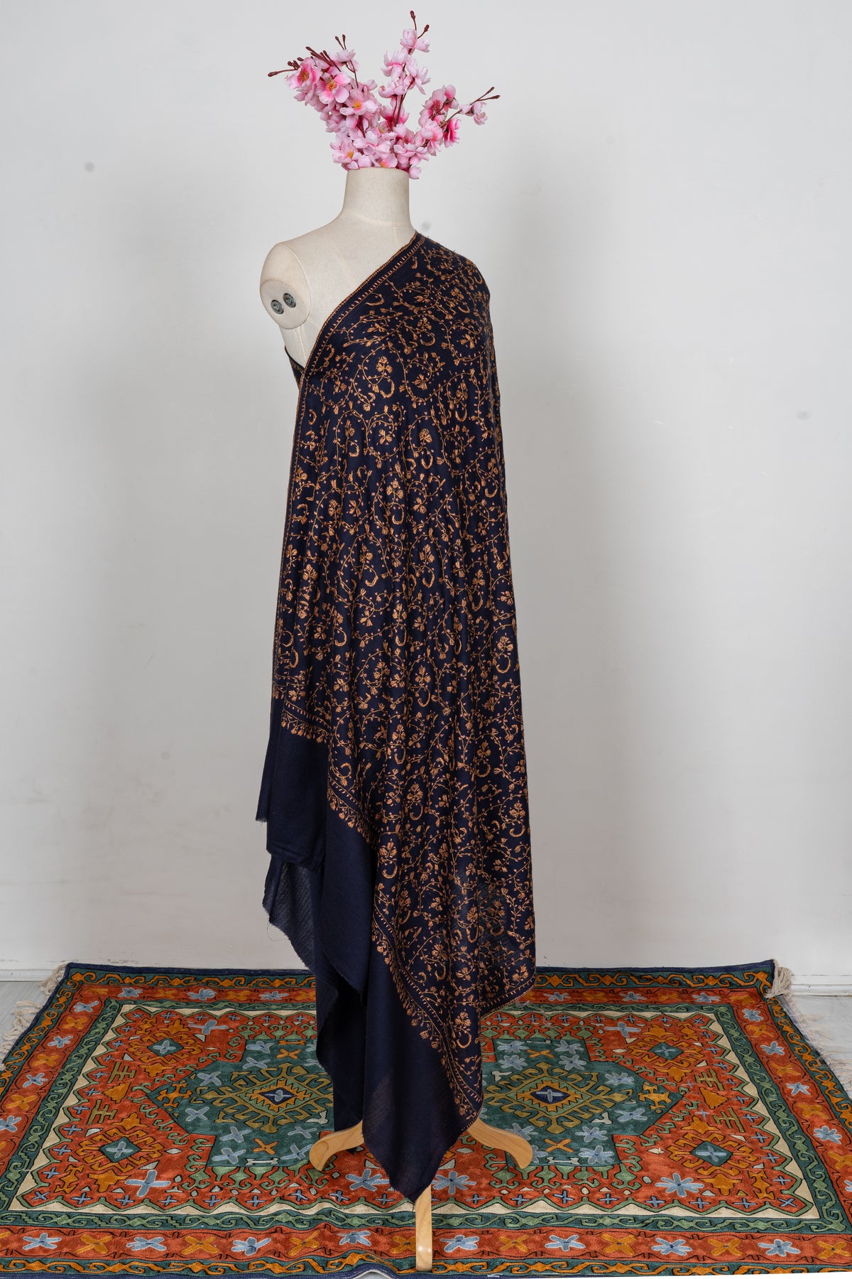 Midnight Gold Vine Royale: Merino Wool Hand Embroidered 2.5 Yards Shawl