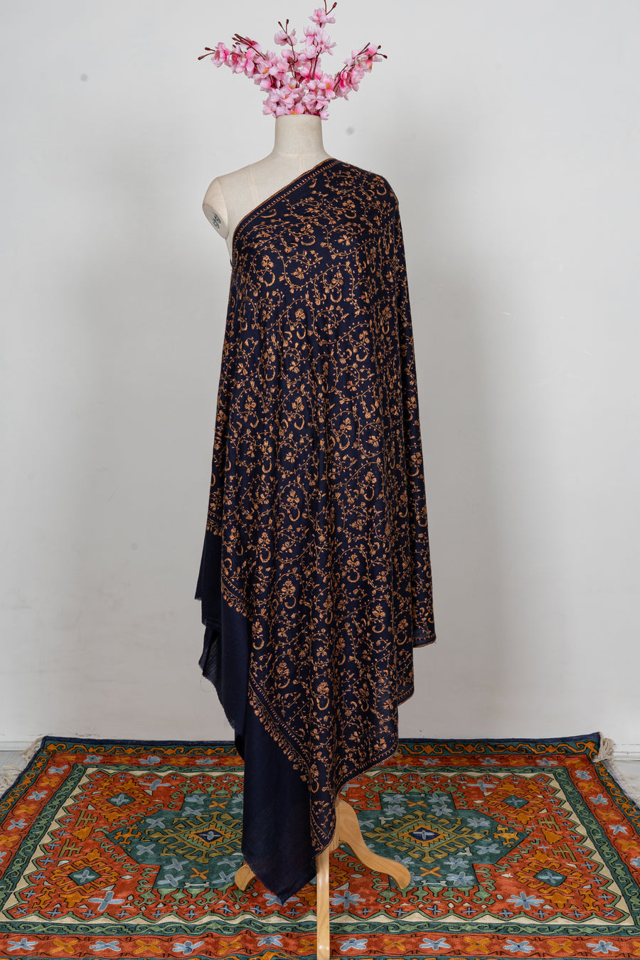 Midnight Gold Vine Royale: Merino Wool Hand Embroidered 2.5 Yards Shawl