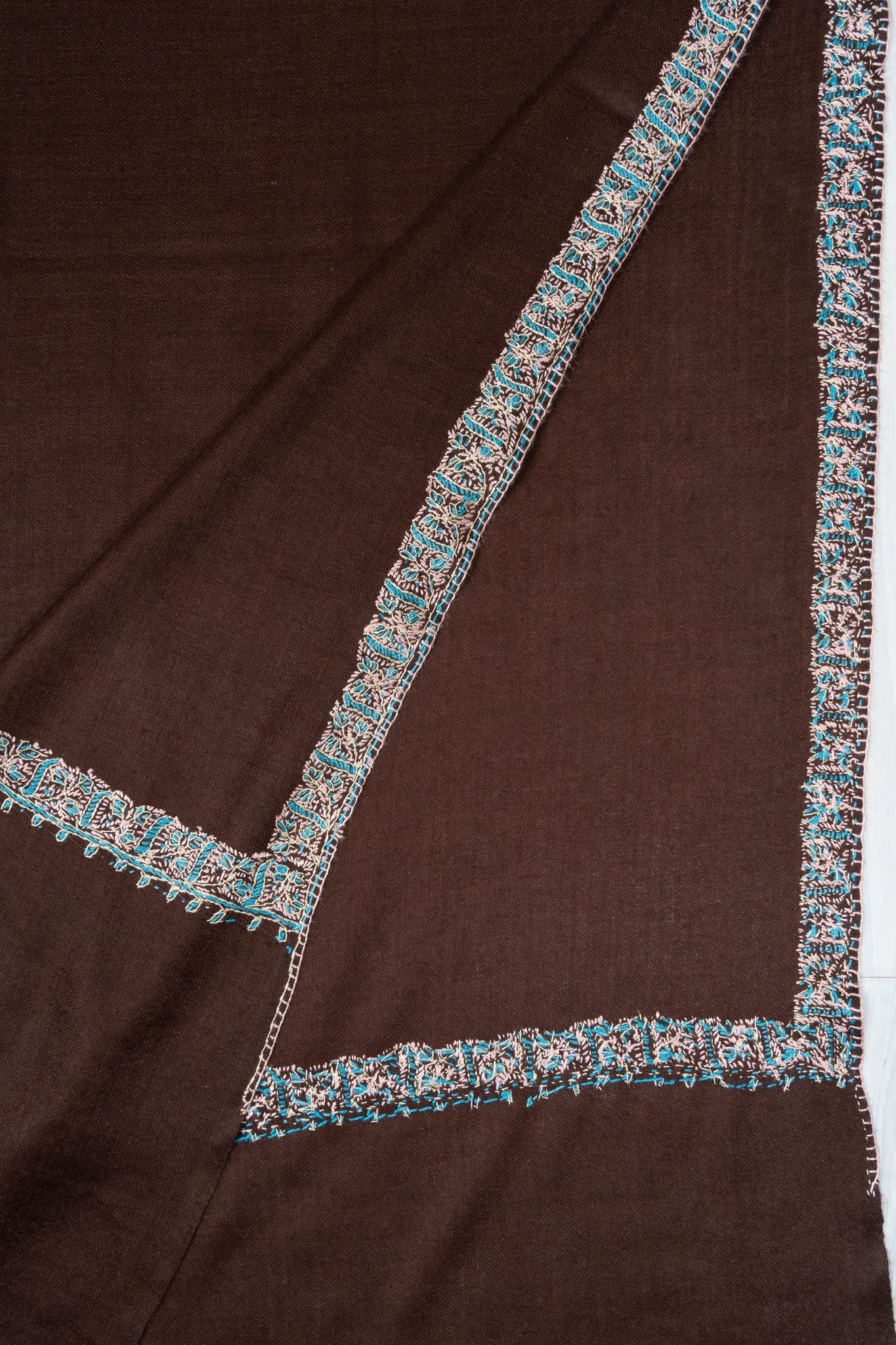 2.5 Yards Sozni Hand Embroidered Shawl in Cocoa Brown Minimal Edge