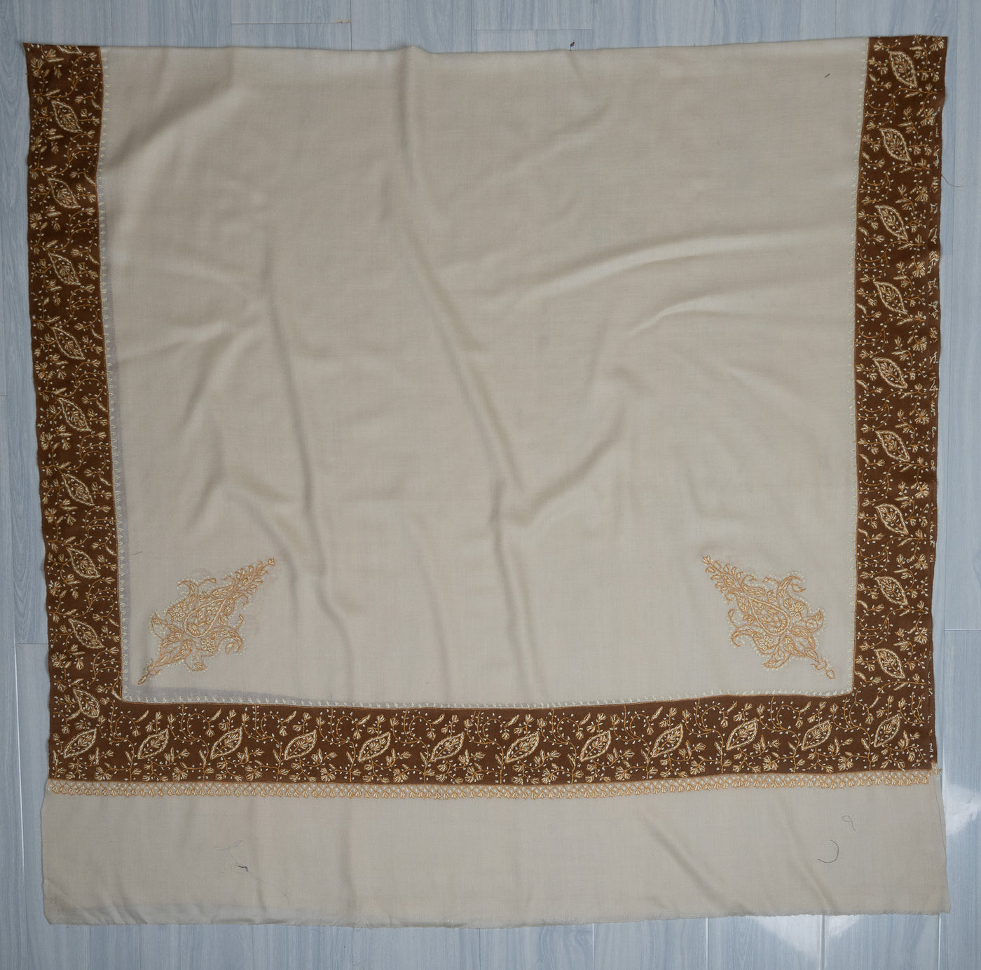 2.5 Yards Sozni Hand Embroidered Shawl in Sand Beige with Coffee Border