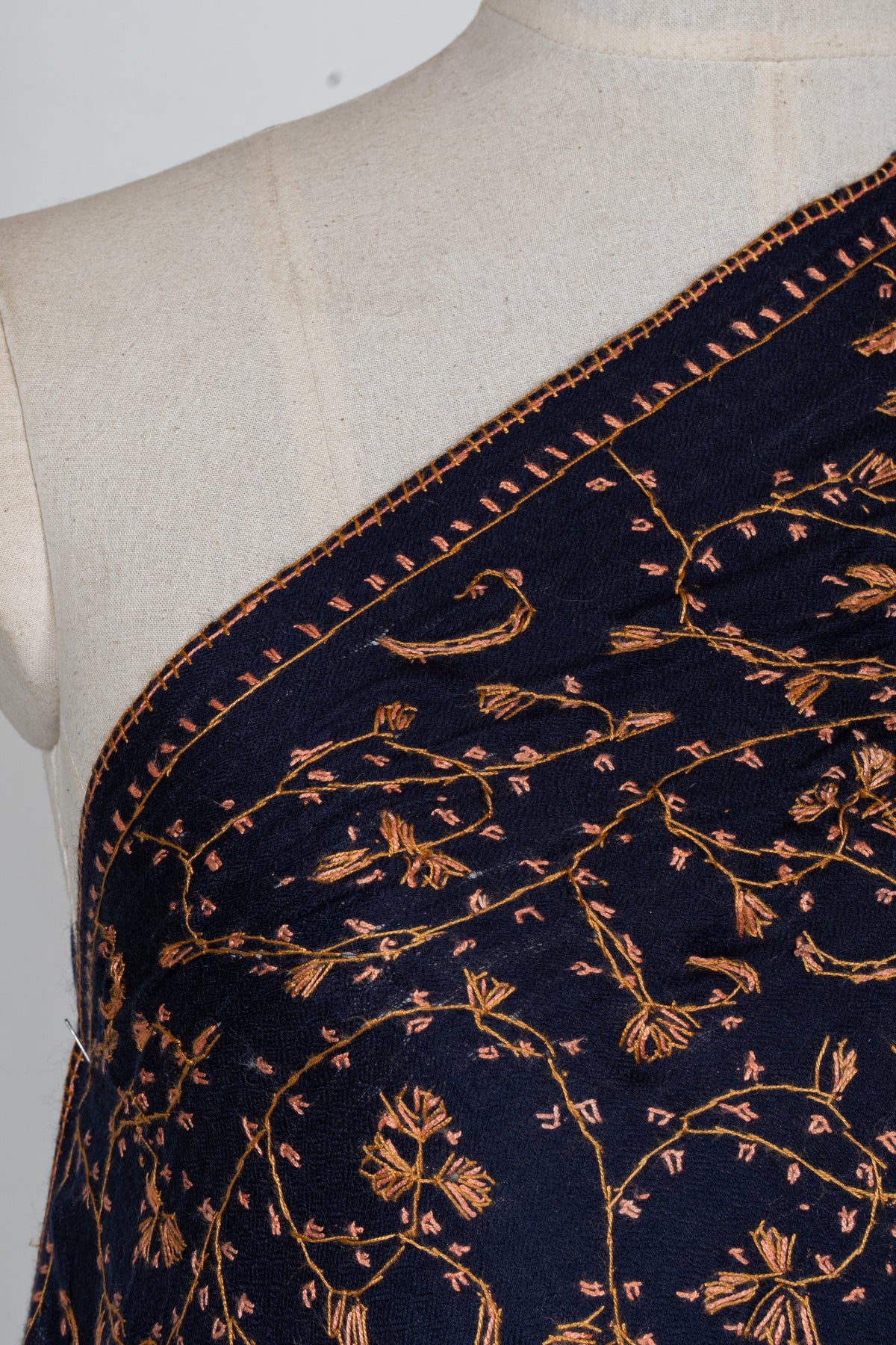 Midnight Gold Vine Royale: Merino Wool Hand Embroidered 2.5 Yards Shawl