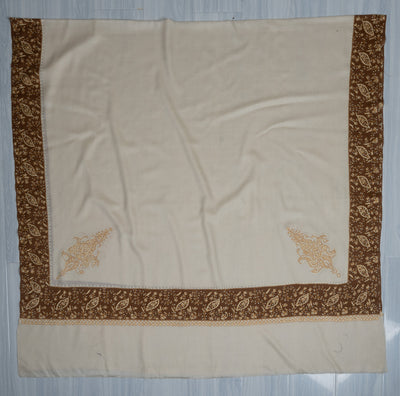 2.5 Yards Sozni Hand Embroidered Shawl in Sand Beige with Coffee Border