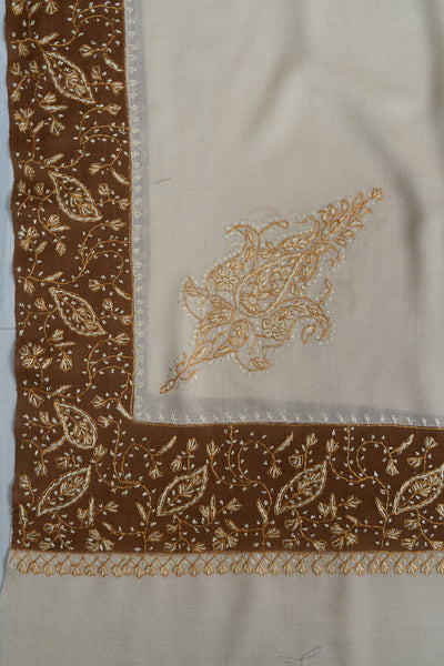 2.5 Yards Sozni Hand Embroidered Shawl in Sand Beige with Coffee Border