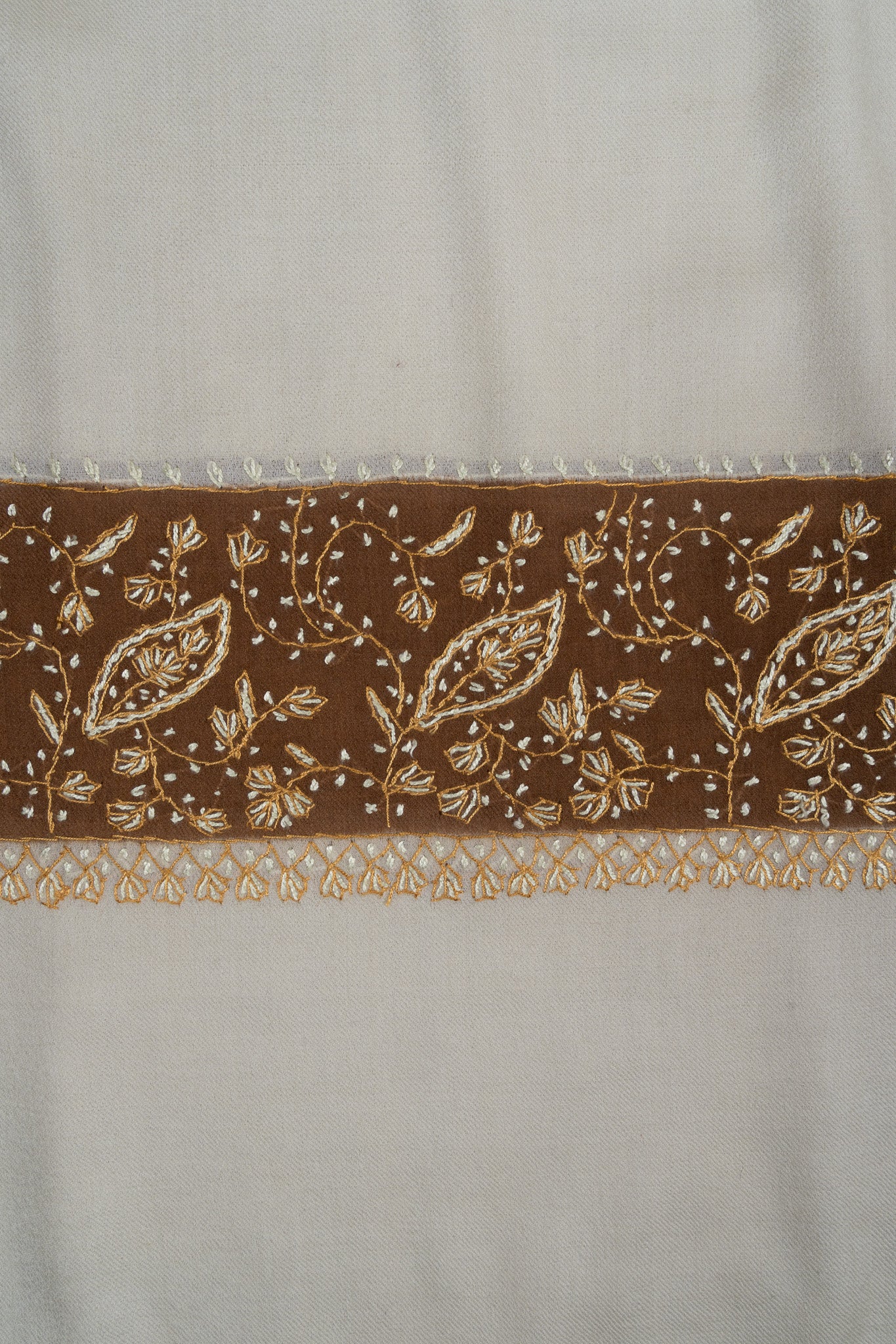 2.5 Yards Sozni Hand Embroidered Shawl in Sand Beige with Coffee Border