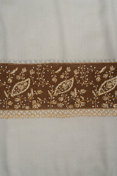 2.5 Yards Sozni Hand Embroidered Shawl in Sand Beige with Coffee Border