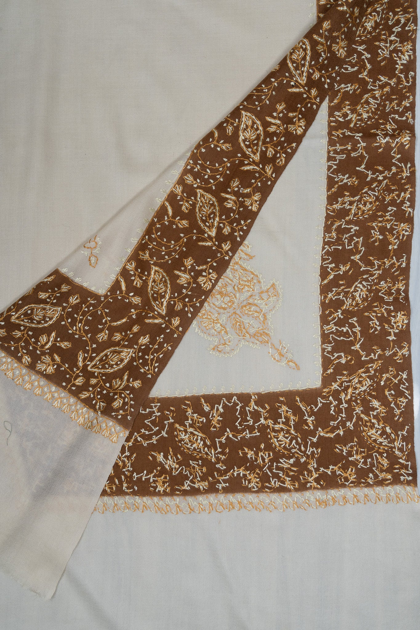 2.5 Yards Sozni Hand Embroidered Shawl in Sand Beige with Coffee Border