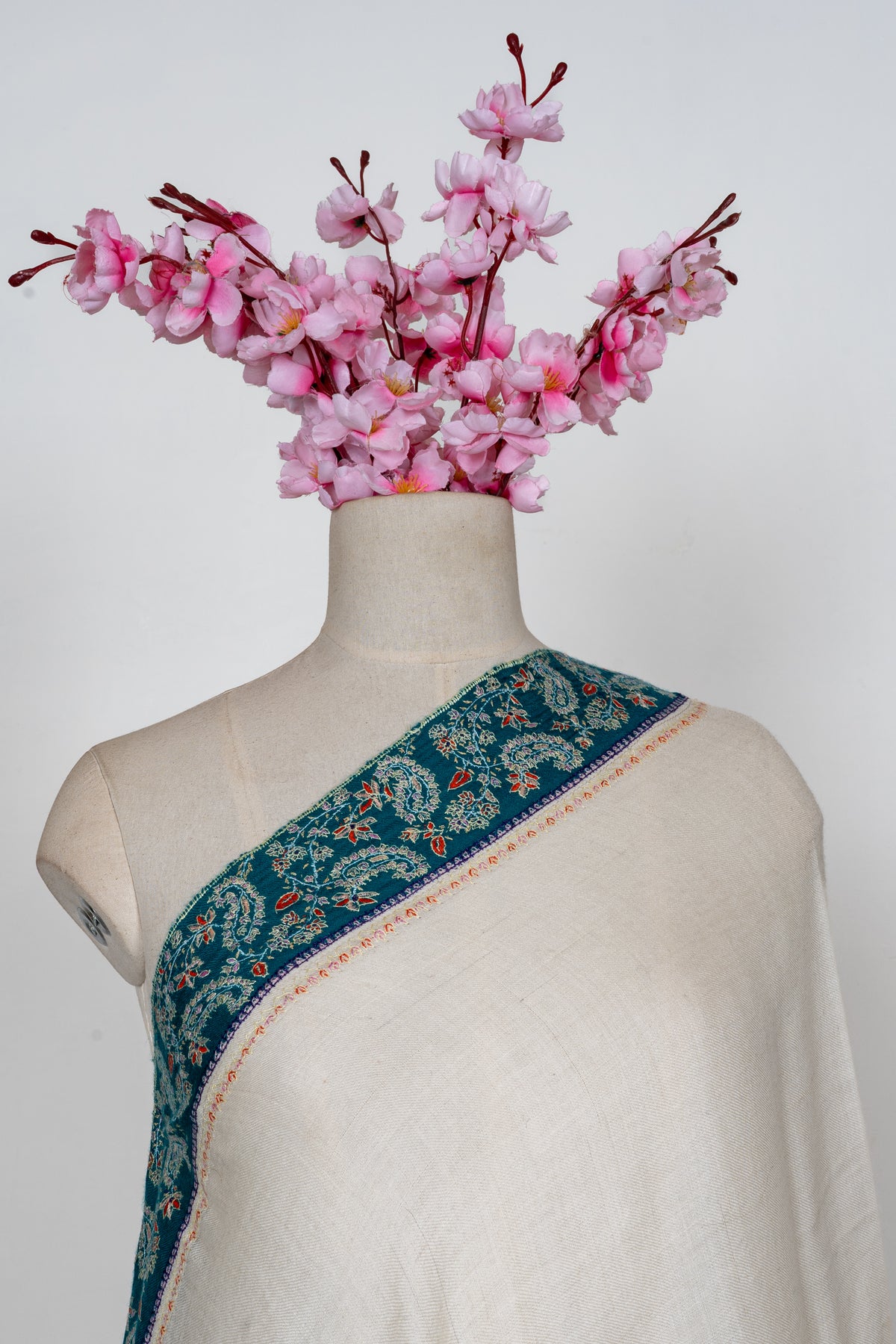 Ivory Teal Heritage Border: Pure Pashmina Hand Embroidered Shawl