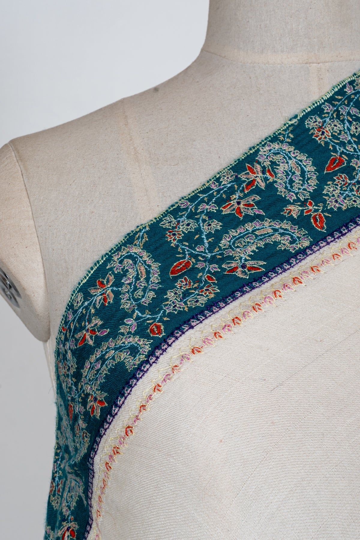 Ivory Teal Heritage Border: Pure Pashmina Hand Embroidered Shawl
