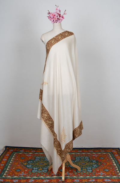2.5 Yards Sozni Hand Embroidered Shawl in Sand Beige with Coffee Border