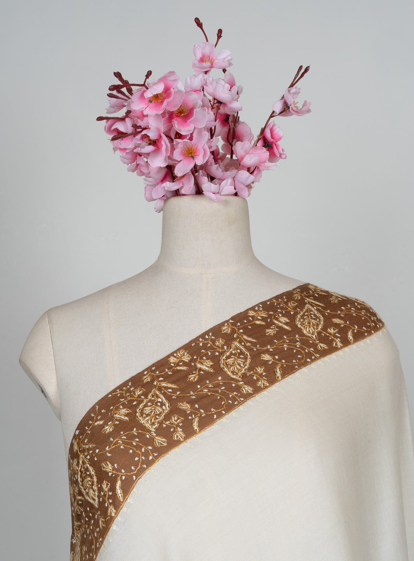 2.5 Yards Sozni Hand Embroidered Shawl in Sand Beige with Coffee Border