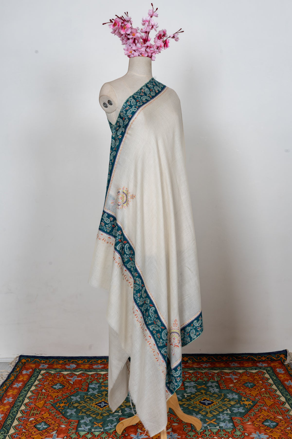 Ivory Teal Heritage Border: Pure Pashmina Hand Embroidered Shawl