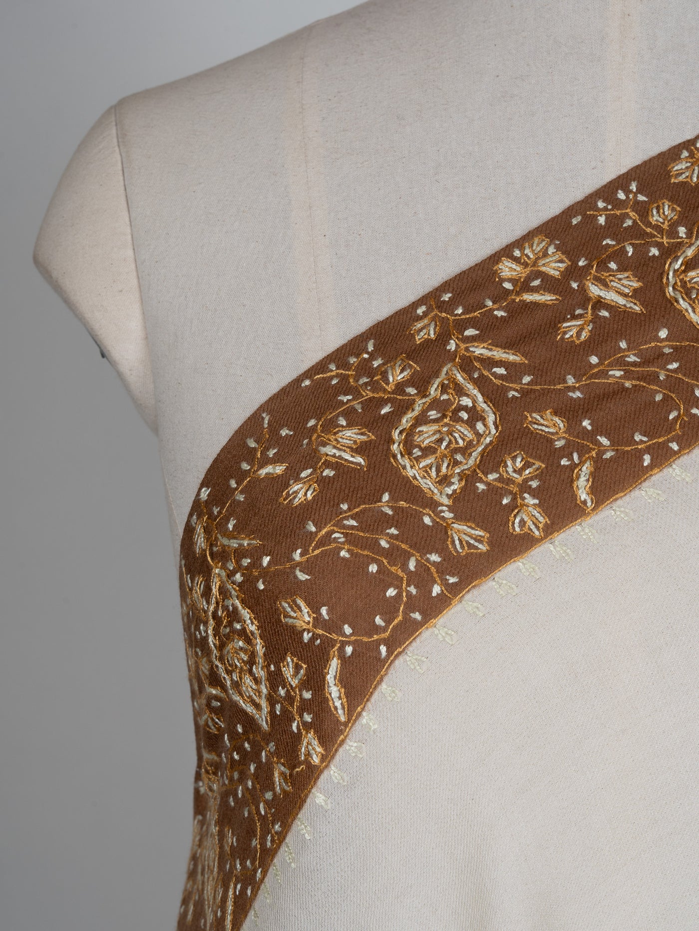 2.5 Yards Sozni Hand Embroidered Shawl in Sand Beige with Coffee Border