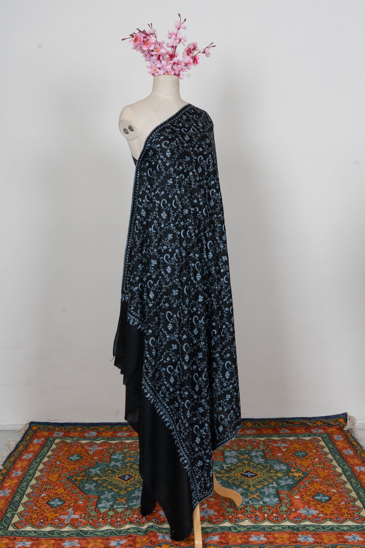 Midnight Blue Floral Trail: Merino Wool Hand Embroidered 2.5 Yards Shawl
