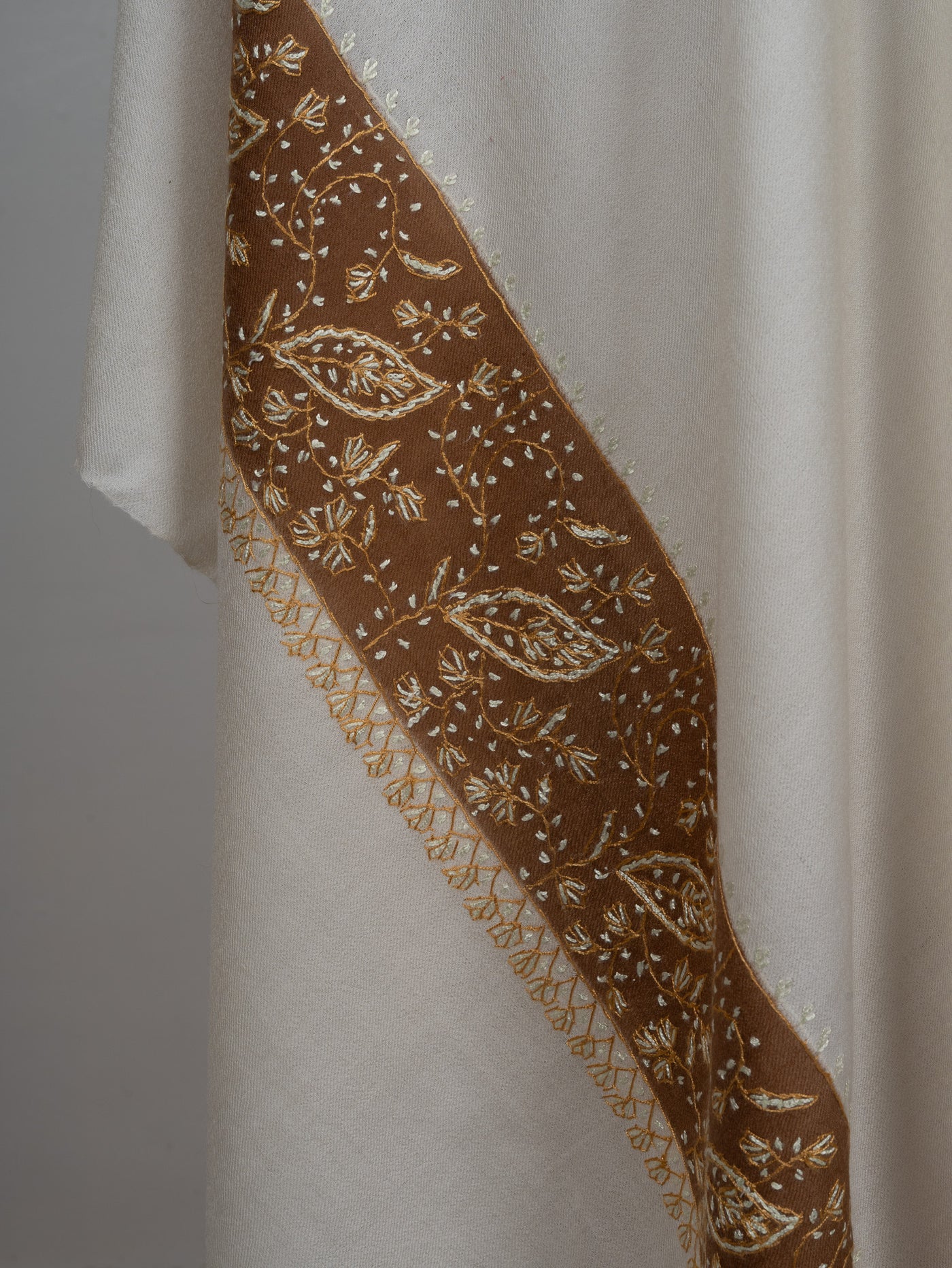 2.5 Yards Sozni Hand Embroidered Shawl in Sand Beige with Coffee Border
