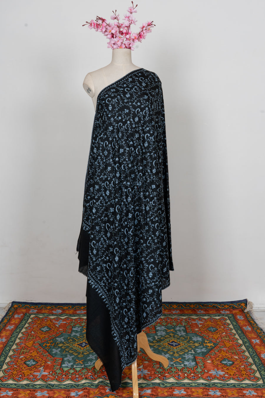Midnight Blue Floral Trail: Merino Wool Hand Embroidered 2.5 Yards Shawl