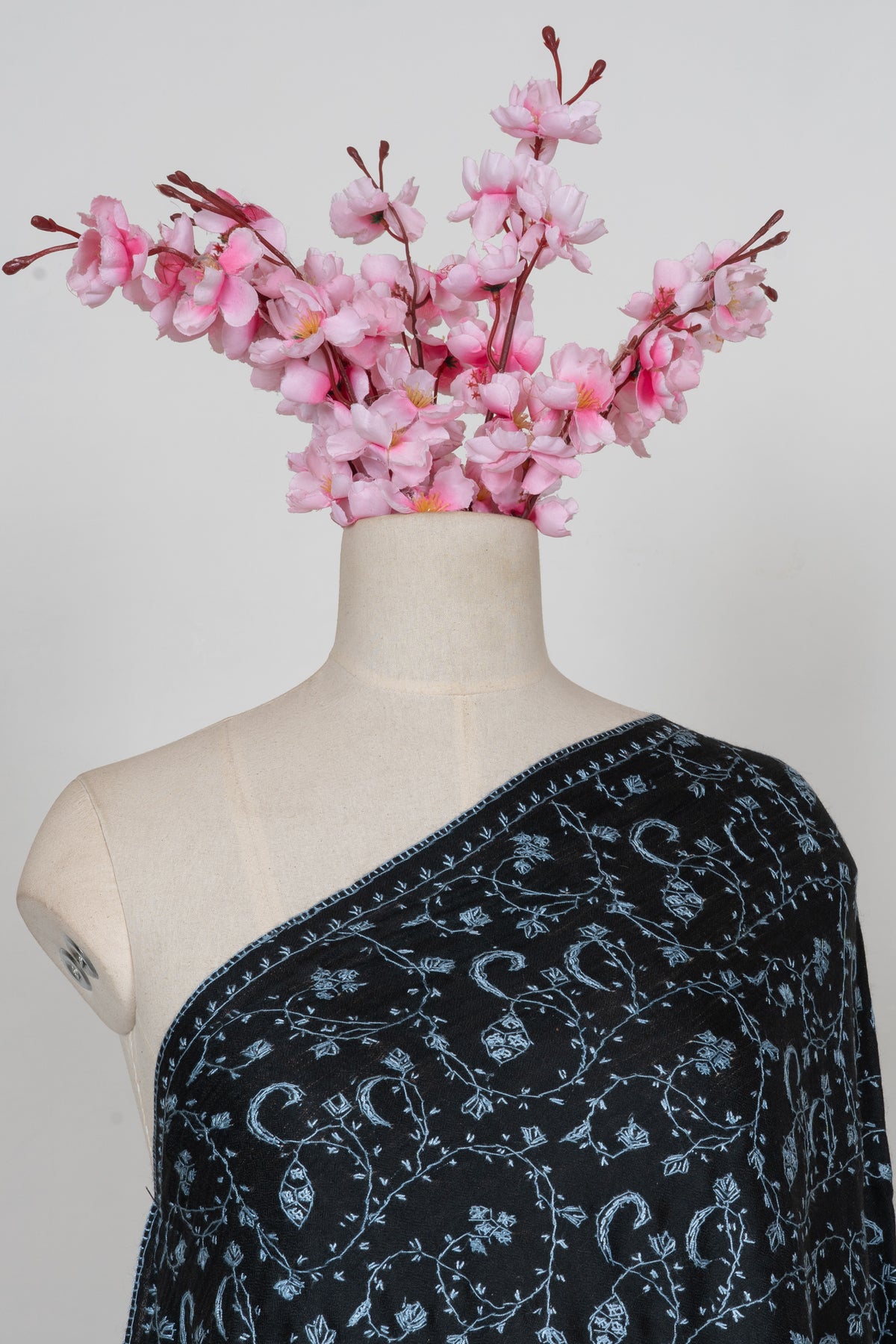 Midnight Blue Floral Trail: Merino Wool Hand Embroidered 2.5 Yards Shawl
